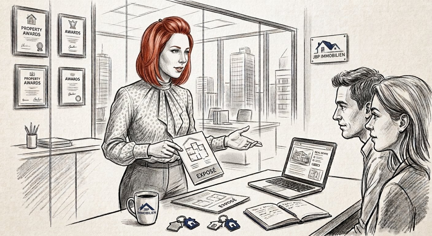 Jeannette Bottlang berät Mietinteressenten und stellt ein Exposé vor (Illustration)